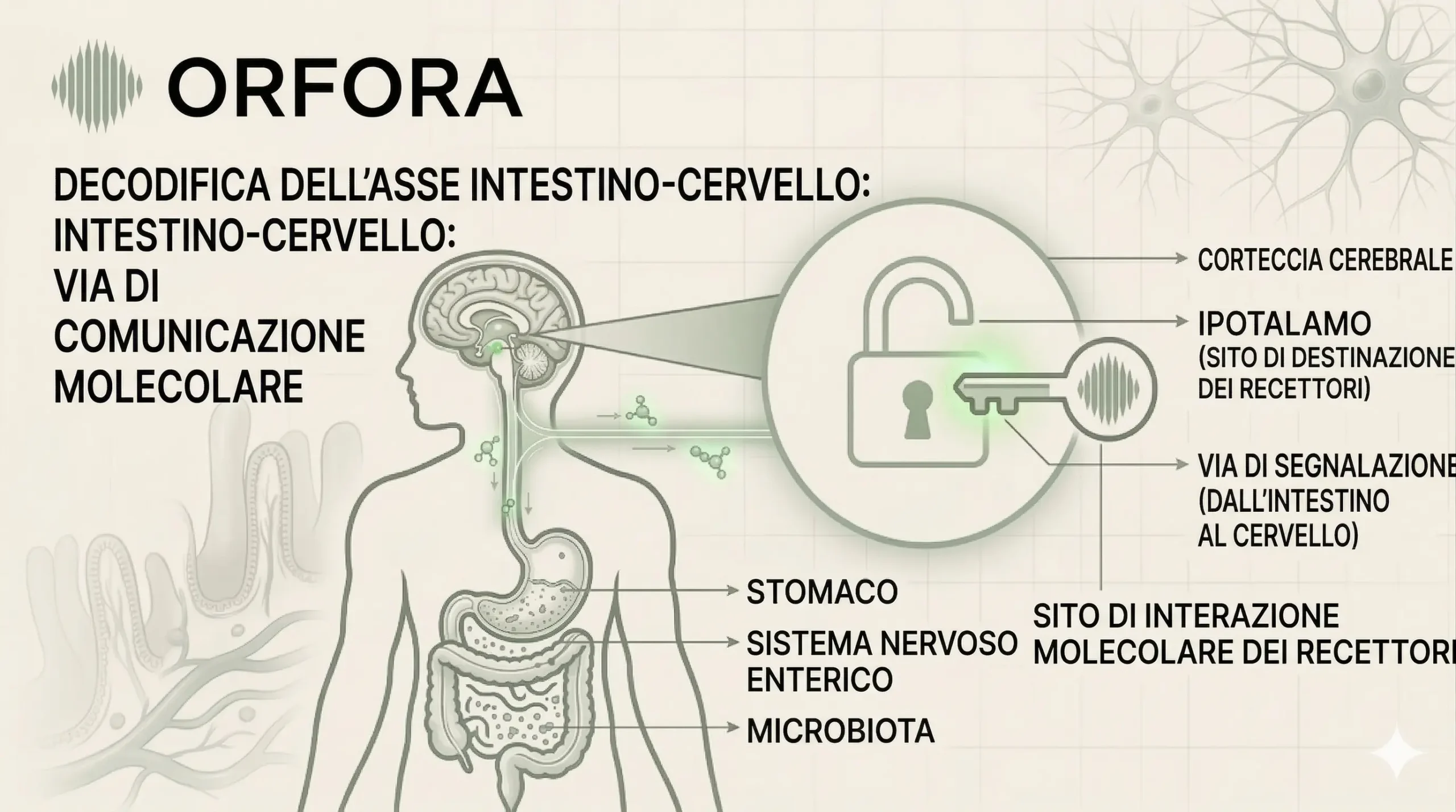 Infografica Orfora sulla decodifica dell'asse intestino-cervello che mostra la comunicazione molecolare e l'interazione dei recettori nell'ipotalamo.